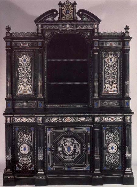 Victorian furniture style cabinet, ivory inlaid ebony, 1867